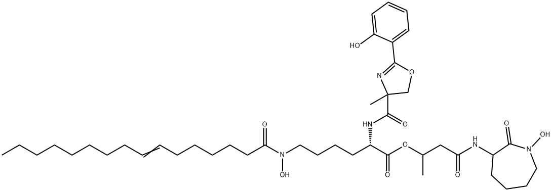 (2S)-1-{[(3S)-1-ヒドロキシ-2-オキソアゼパン-3-イル]カルバモイル}プロパン-2-イル (2S)-6-[(7Z)-N-ヒドロキシヘキサデカ-7-エンアミド]-2-{[(4S)-2-(2-ヒドロキシフェニル)-4-メチル-4,5-ジヒドロ-1,3-オキサゾール-4-イル]ホルムアミド}ヘキサノアート 化学構造式