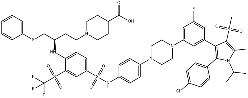 4-Piperidinecarboxylic acid, 1-[(3R)-3-[[4-[[[4-[4-[3-[2-(4-chlorophenyl)-5-methyl-1-(1-methylethyl)-4-(methylsulfonyl)-1H-pyrrol-3-yl]-5-fluorophenyl]-1-piperazinyl]phenyl]amino]sulfonyl]-2-[(trifluoromethyl)sulfonyl]phenyl]amino]-4-(phenylthio)butyl]-,1619923-32-8,结构式