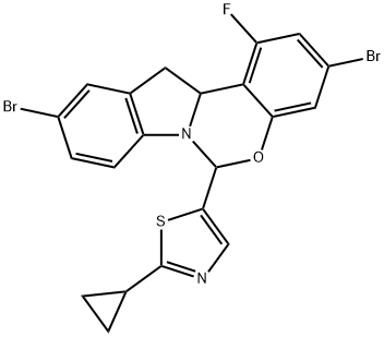 6H-Indolo[1,2-c][1,3]benzoxazine, 3,10-dibromo-6-(2-cyclopropyl-5-thiazolyl)-1-fluoro-12,12a-dihydro- 结构式