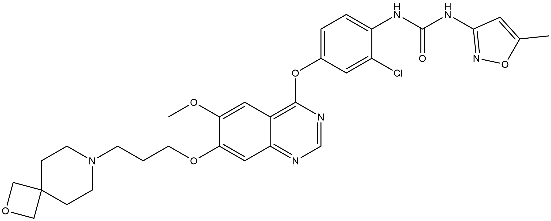 N-[2-Chloro-4-[[6-methoxy-7-[3-(2-oxa-7-azaspiro[3.5]non-7-yl)propoxy]-4-quinazolinyl]oxy]phenyl]-N′-(5-methyl-3-isoxazolyl)urea Struktur