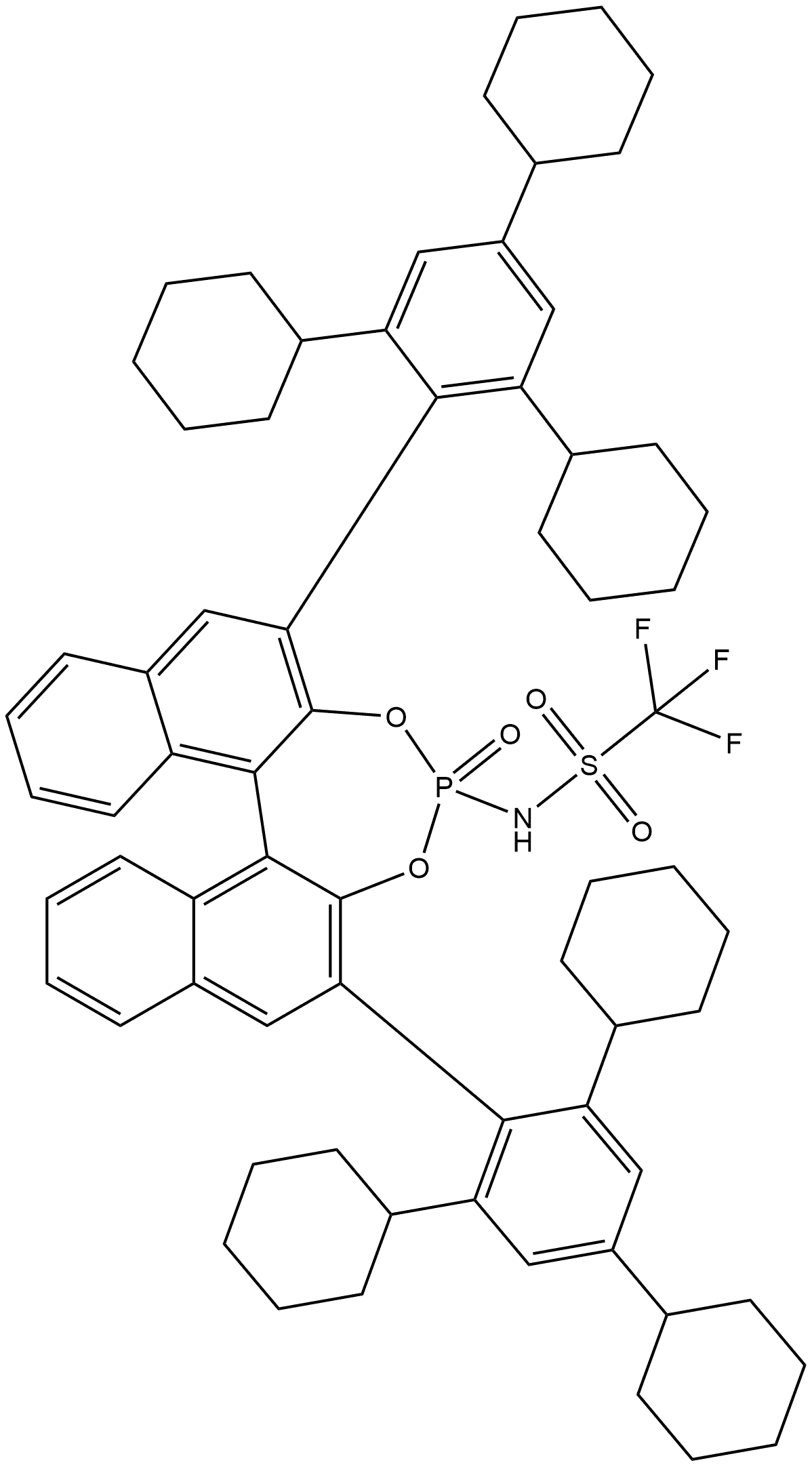 Methanesulfonamide, 1,1,1-trifluoro-N-[(11bS)-4-oxido-2,6-bis(2,4,6-tricyclohexylphenyl)dinaphtho[2,1-d:1',2'-f][1,3,2]dioxaphosphepin-4-yl]- Structure
