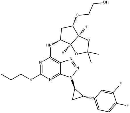 Ethanol, 2-[[(3aR,4S,6R,6aS)-6-[[3-[(1R,2S)-2-(3,4-difluorophenyl)cyclopropyl]-5-(propylthio)-3H-1,2,3-triazolo[4,5-d]pyrimidin-7-yl]amino]tetrahydro-2,2-dimethyl-4H-cyclopenta-1,3-dioxol-4-yl]oxy]- Structure