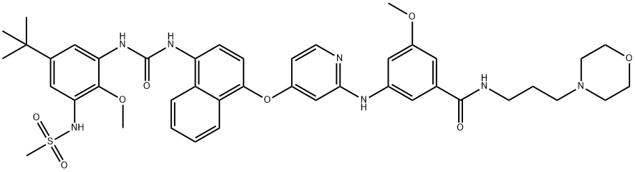 Benzamide, 3-[[4-[[4-[[[[5-(1,1-dimethylethyl)-2-methoxy-3-[(methylsulfonyl)amino]phenyl]amino]carbonyl]amino]-1-naphthalenyl]oxy]-2-pyridinyl]amino]-5-methoxy-N-[3-(4-morpholinyl)propyl]- Struktur