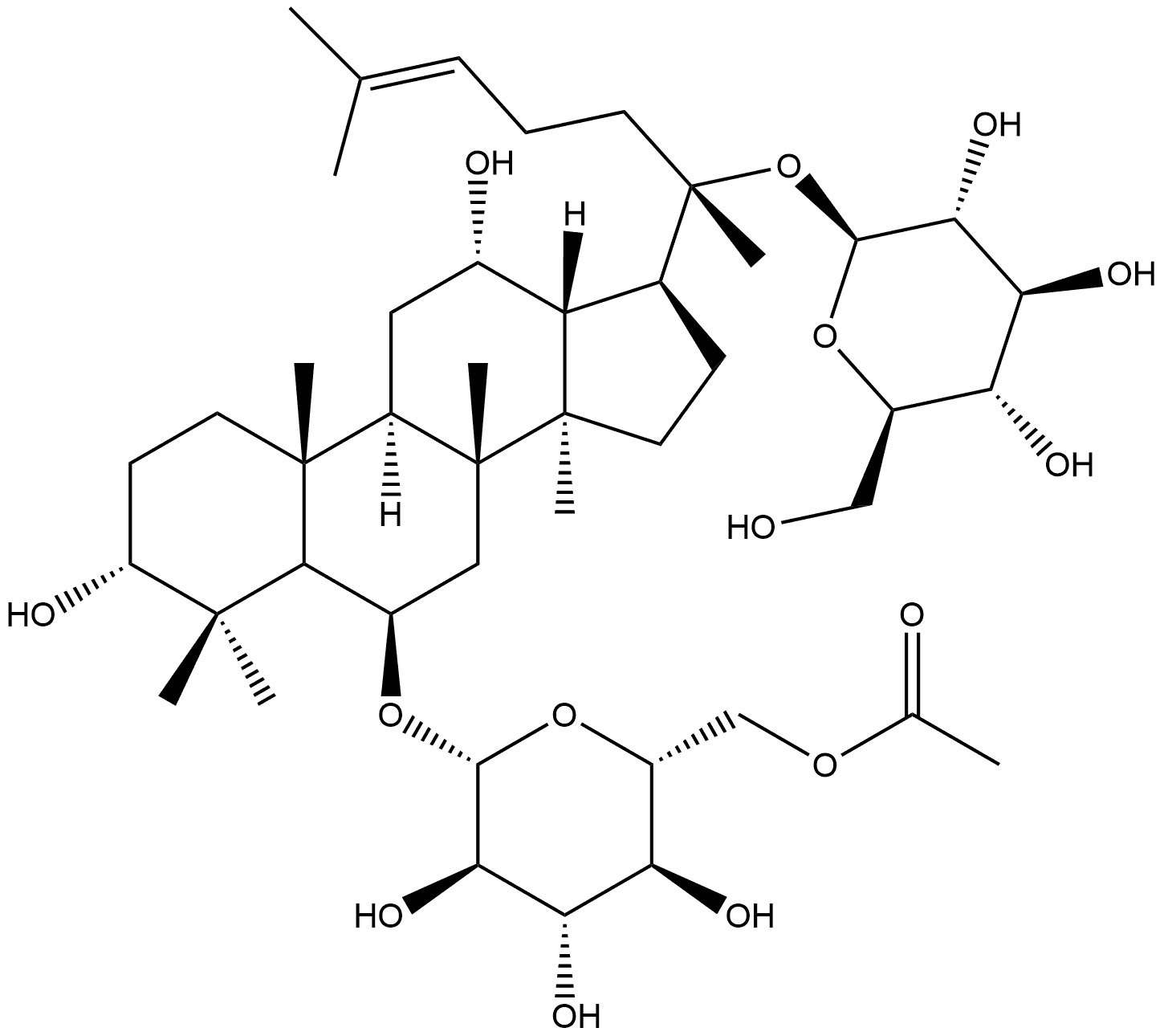 β-D-Glucopyranoside, (3β,6α,12β)-6-[(6-O-acetyl-β-D-glucopyranosyl)oxy]-3,12-dihydroxydammar-24-en-20-yl Structure