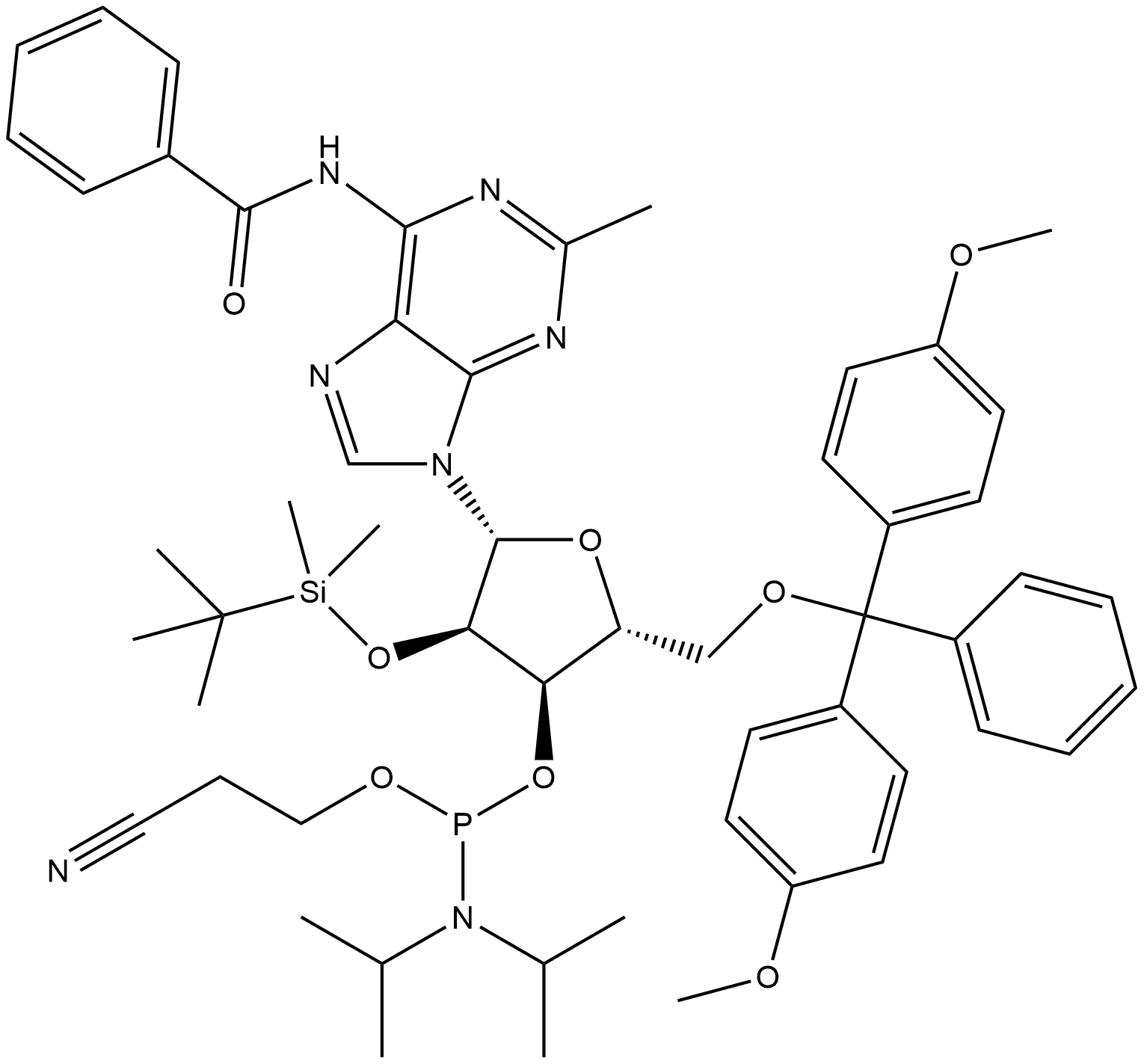 Adenosine, N-benzoyl-5'-O-[bis(4-methoxyphenyl)phenylmethyl]-2'-O-[(1,1-dimethylethyl)dimethylsilyl]-2-methyl-, 3'-[2-cyanoethyl N,N-bis(1-methylethyl)phosphoramidite] Structure