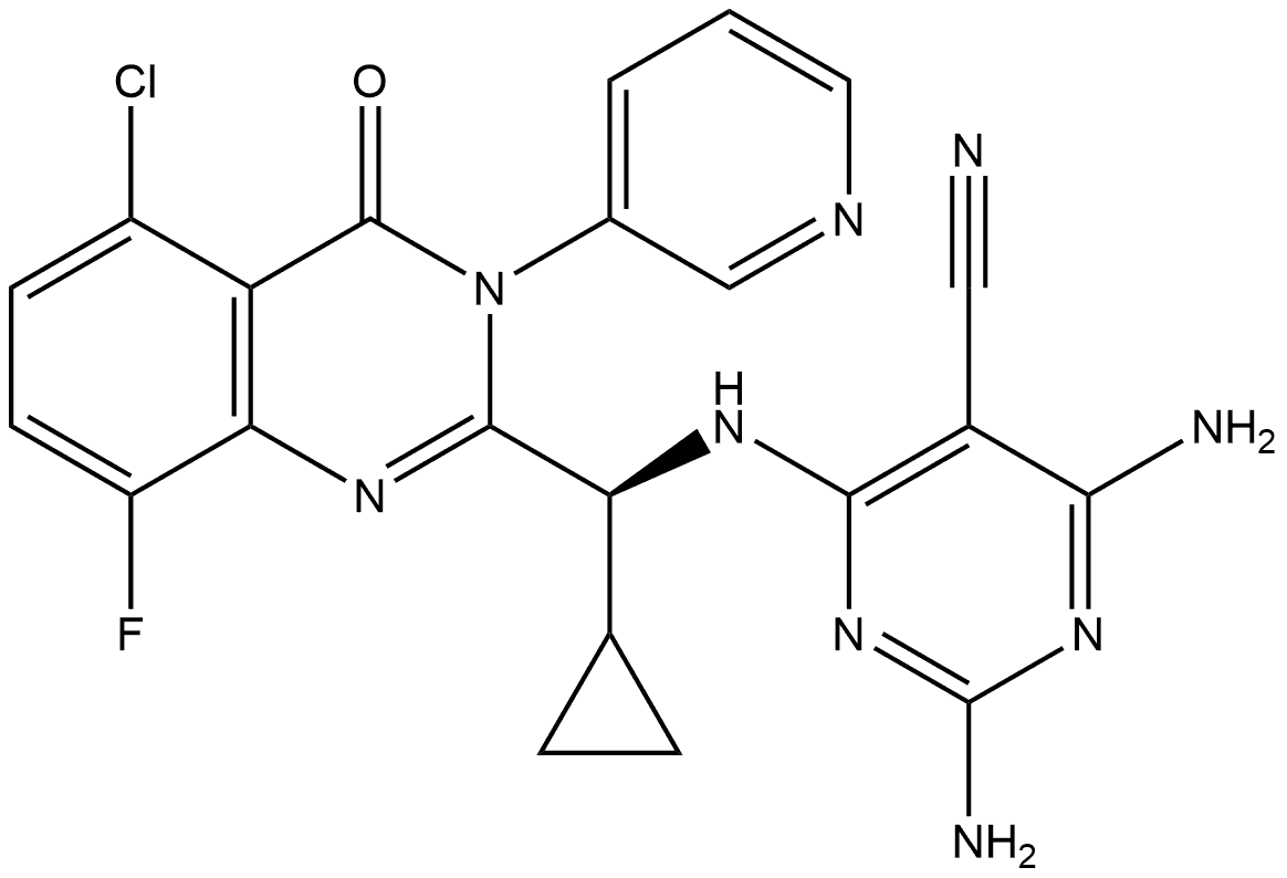 6-[[(S)-[3,4-ジヒドロ-3-(3-ピリジニル)-4-オキソ-5-クロロ-8-フルオロキナゾリン-2-イル](シクロプロピル)メチル]アミノ]-2,4-ジアミノピリミジン-5-カルボニトリル 化学構造式