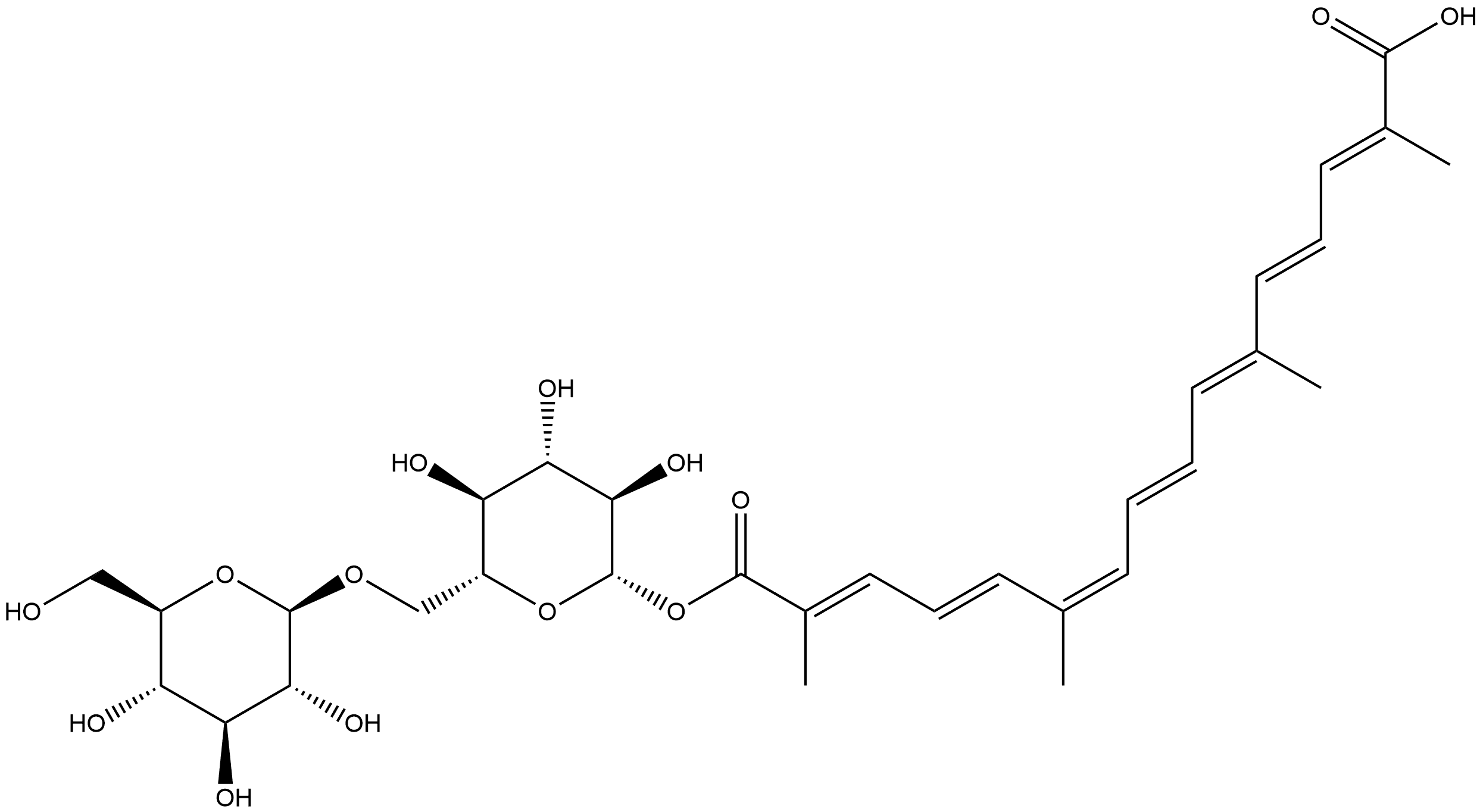 β-D-Glucopyranose, 6-O-β-D-glucopyranosyl-, 1-[1-hydrogen (2E,4E,6E,8E,10Z,12E,14E)-2,6,11,15-tetramethyl-2,4,6,8,10,12,14-hexadecaheptaenedioate] Struktur