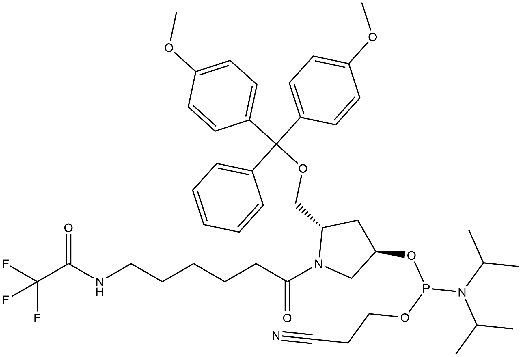 Phosphoramidous acid, N,N-bis(1-methylethyl)-, (3R,5S)-5-[[bis(4-methoxyphenyl)phenylmethoxy]methyl]-1-[1-oxo-6-[(2,2,2-trifluoroacetyl)amino]hexyl]-3-pyrrolidinyl 2-cyanoethyl ester 结构式