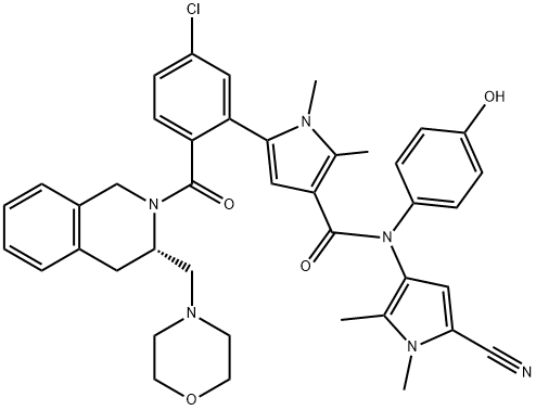1H-Pyrrole-3-carboxamide, 5-[5-chloro-2-[[(3S)-3,4-dihydro-3-(4-morpholinylmethyl)-2(1H)-isoquinolinyl]carbonyl]phenyl]-N-(5-cyano-1,2-dimethyl-1H-pyrrol-3-yl)-N-(4-hydroxyphenyl)-1,2-dimethyl- Structure