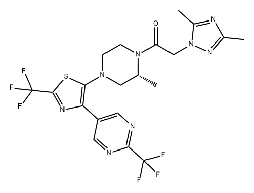 Ethanone, 2-(3,5-dimethyl-1H-1,2,4-triazol-1-yl)-1-[(2R)-2-methyl-4-[2-(trifluoromethyl)-4-[2-(trifluoromethyl)-5-pyrimidinyl]-5-thiazolyl]-1-piperazinyl]- Struktur