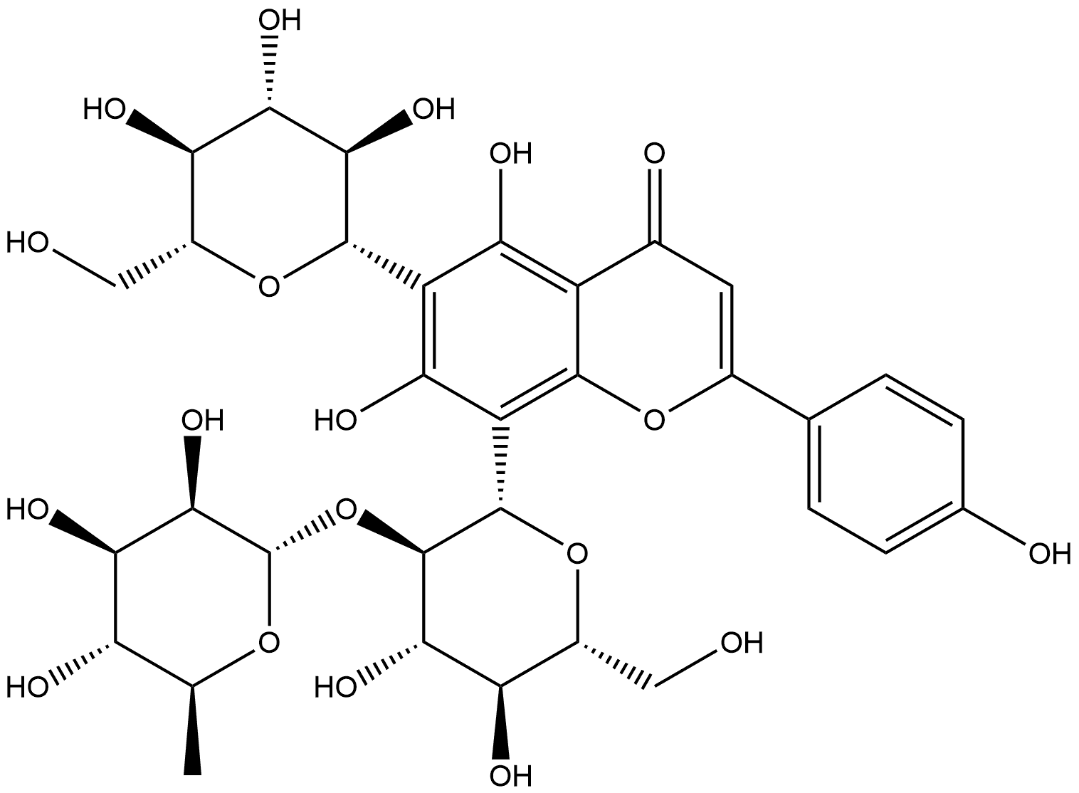 4H-1-Benzopyran-4-one, 8-[2-O-(6-deoxy-α-L-mannopyranosyl)-β-D-glucopyranosyl]-6-β-D-glucopyranosyl-5,7-dihydroxy-2-(4-hydroxyphenyl)- Struktur