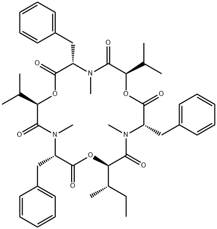 1,7,13-Trioxa-4,10,16-triazacyclooctadecane-2,5,8,11,14,17-hexone, 4,10,16-trimethyl-6,12-bis(1-methylethyl)-18-[(1S)-1-methylpropyl]-3,9,15-tris(phenylmethyl)-, (3S,6R,9S,12R,15S,18R)- Structure