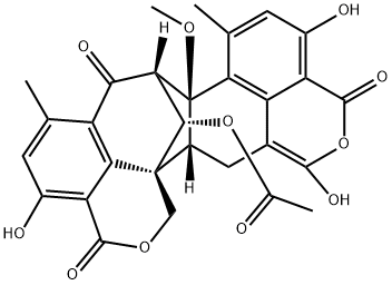 7H-8,15b-Methano-1H,3H,12H-benzo[de]cyclohepta[1,2-g:3,4,5-d'e']bis[2]benzopyran-3,7,12-trione, 16-(acetyloxy)-8,8a,15,15a-tetrahydro-4,11,14-trihydroxy-8a-methoxy-6,9-dimethyl-, (8S,8aS,15aR,15bR,16S)- Struktur