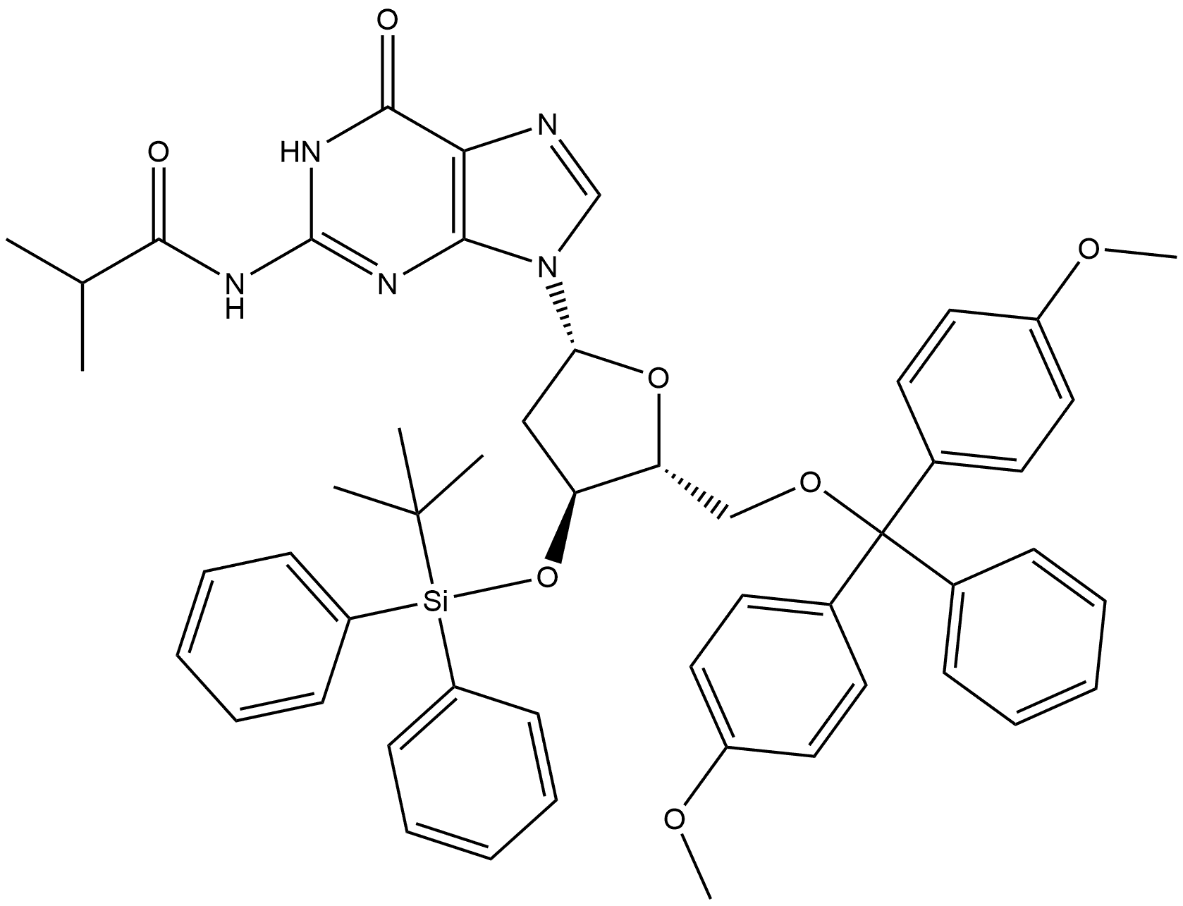 Guanosine, 5'-O-[bis(4-methoxyphenyl)phenylmethyl]-2'-deoxy-3'-O-[(1,1-dimethylethyl)diphenylsilyl]-N-(2-methyl-1-oxopropyl)- (9CI) 结构式