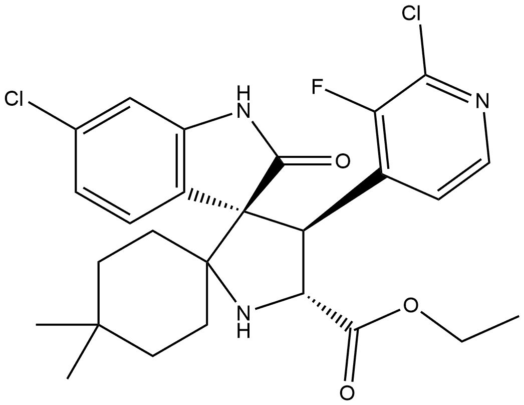 ethyl (3'R,4'S,5'R)-6''-chloro-4'-(2-chloro-3-fluoropyridin-4-yl)-4,4-dimethyl-2''-oxodispiro[cyclohexane-1,2'-pyrrolidine-3',3''-indoline]-5'-carboxylate Struktur