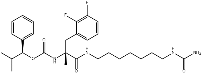 Carbamic acid, N-[(1R)-2-[[7-[(aminocarbonyl)amino]heptyl]amino]-1-[(2,3-difluorophenyl)methyl]-1-methyl-2-oxoethyl]-, (1S)-2-methyl-1-phenylpropyl ester Structure