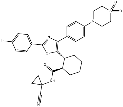 Cyclohexanecarboxamide, N-(1-cyanocyclopropyl)-2-[4-[4-(1,1-dioxido-4-thiomorpholinyl)phenyl]-2-(4-fluorophenyl)-5-oxazolyl]-, (1R,2R)- Structure