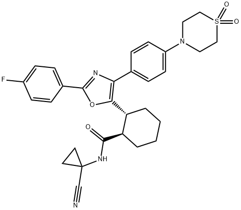 Cyclohexanecarboxamide, N-(1-cyanocyclopropyl)-2-[4-[4-(1,1-dioxido-4-thiomorpholinyl)phenyl]-2-(4-fluorophenyl)-5-oxazolyl]-, (1R,2R)-|化合物 CATHEPSIN K INHIBITOR 3