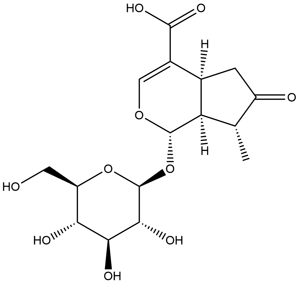 Cyclopenta[c]pyran-4-carboxylic acid, 1-(β-D-glucopyranosyloxy)-1,4a,5,6,7,7a-hexahydro-7-methyl-6-oxo-, (1S,4aS,7R,7aS)- Struktur