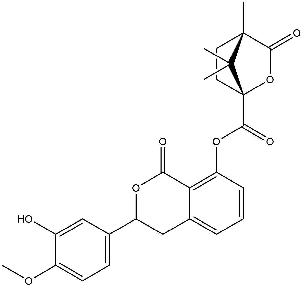 2-Oxabicyclo[2.2.1]heptane-1-carboxylic acid, 4,7,7-trimethyl-3-oxo-, 3,4-dihydro-3-(3-hydroxy-4-methoxyphenyl)-1-oxo-1H-2-benzopyran-8-yl ester, [1R-[1α(R*),4β]]- (9CI) Struktur