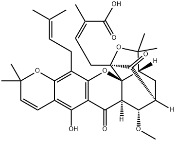 2-Butenoic acid, 4-[(1R,3aS,5S,6S,6aR,14aS)-3a,4,5,6,6a,7-hexahydro-8-hydroxy-6-methoxy-3,3,11,11-tetramethyl-13-(3-methyl-2-buten-1-yl)-7,15-dioxo-1,5-methano-1H,3H,11H-furo[3,4-g]pyrano[3,2-b]xanthen-1-yl]-2-methyl-, (2Z)- Struktur