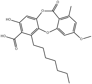 11H-Dibenzo[b,e][1,4]dioxepin-7-carboxylic acid, 6-heptyl-8-hydroxy-3-methoxy-1-methyl-11-oxo- Structure