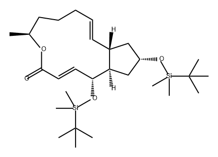 4H-Cyclopent[f]oxacyclotridecin-4-one, 1,13-bis[[(1,1-dimethylethyl)dimethylsilyl]oxy]-1,6,7,8,9,11a,12,13,14,14a-decahydro-6-methyl-, (1R,2E,6S,10E,11aS,13S,14aR)- 化学構造式