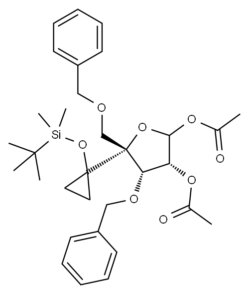 D-Ribofuranose, 4-C-[1-[[(1,1-dimethylethyl)dimethylsilyl]oxy]cyclopropyl]-3,5-bis-O-(phenylmethyl)-, 1,2-diacetate, 1784750-26-0, 结构式
