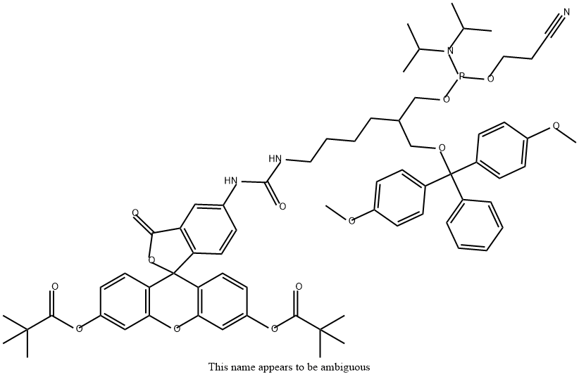 1-Dimethoxytrityloxy-2-(N-thiourea-(di-O-pivaloyl-fluorescein)-4-aminobutyl)-propyl-3-O-(2-cyanoethyl)-(N,N-diisopropyl)-phosphoramidite Struktur