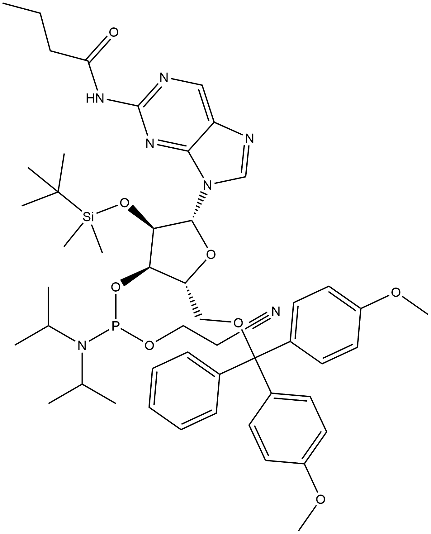 2-Isobutyrylamino-9-(2'-O-tert-butyldimethylsilyl-5'-O-DMT-b-D-ribofuranosyl)purine 3'-CE phosphoramidite Structure