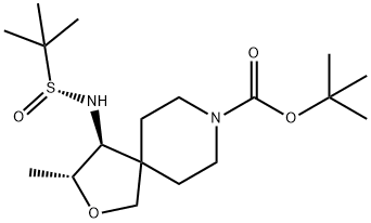 2-Oxa-8-azaspiro[4.5]decane-8-carboxylic acid, 4-[[(R)-(1,1-dimethylethyl)sulfinyl]amino]-3-methyl-, 1,1-dimethylethyl ester, (3R,4S)- Structure