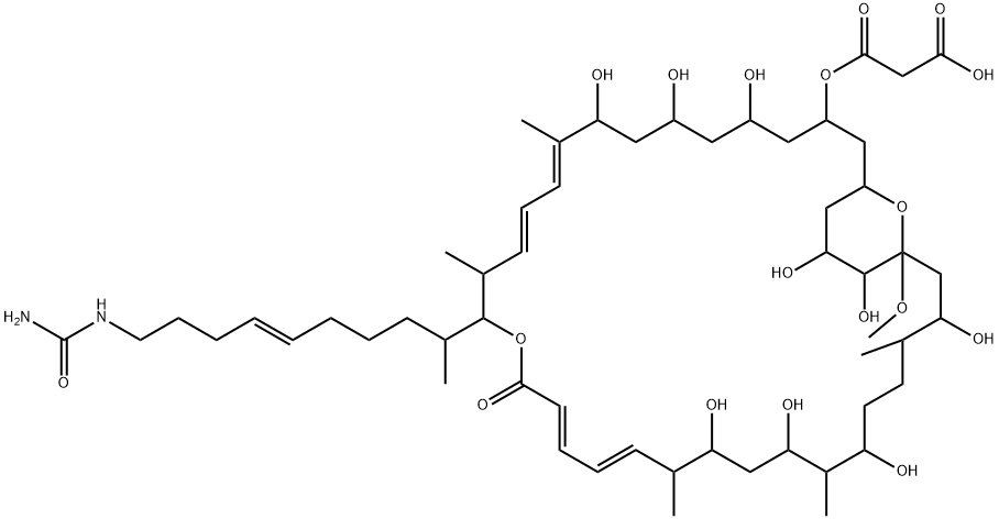 Propanedioic acid, mono[(10E,12E,18E,20E)-15-[(5E)-9-[(aminocarbonyl)amino]-1-methyl-5-nonenyl]-5,7,9,23,25,27,31,34,35-nonahydroxy-33-methoxy-10,14,22,26,30-pentamethyl-17-oxo-16,37-dioxabicyclo[31.3.1]heptatriaconta-10,12,18,20-tetraen-3-yl] ester (9CI) Struktur