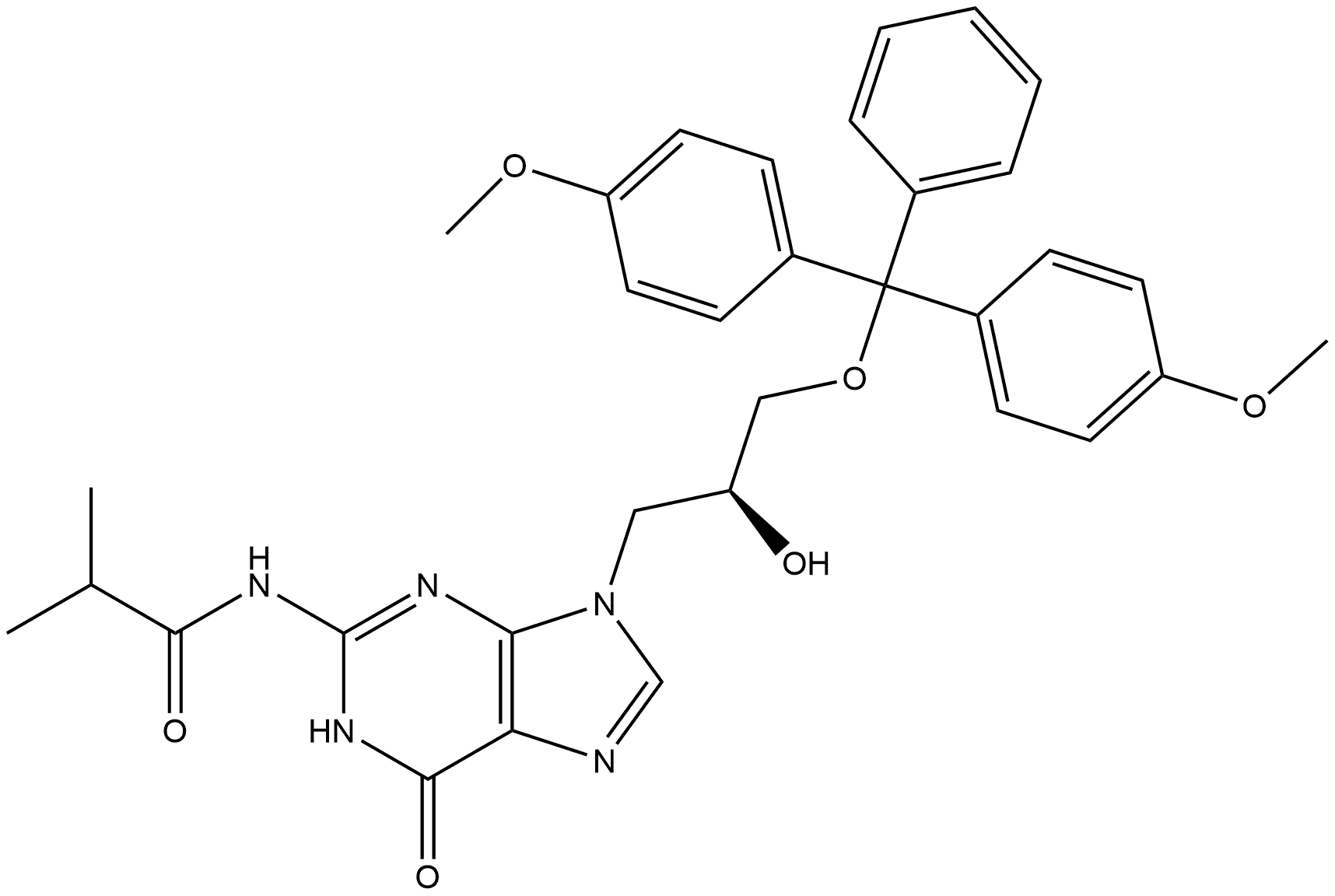 (S)-9-[3-(4,4’-Dime thoxytrityloxy)-2-hydroxypropyl]-N2-isobutyrylguanine 结构式
