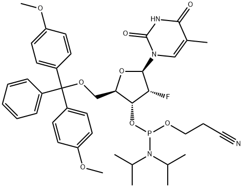 5'-O-(4,4'-Dimethoxytrityl)-2'-deoxy-2'-fluoro-5-methyluridine-3'-O-[(2-cyanoethyl)-(N,N-diisopropyl)]-phosphoramidite Structure
