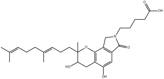 Pyrano[2,3-e]isoindole-8(2H)-pentanoic acid, 2-[(3E)-4,8-dimethyl-3,7-nonadien-1-yl]-3,4,7,9-tetrahydro-3,5-dihydroxy-2-methyl-7-oxo- 化学構造式