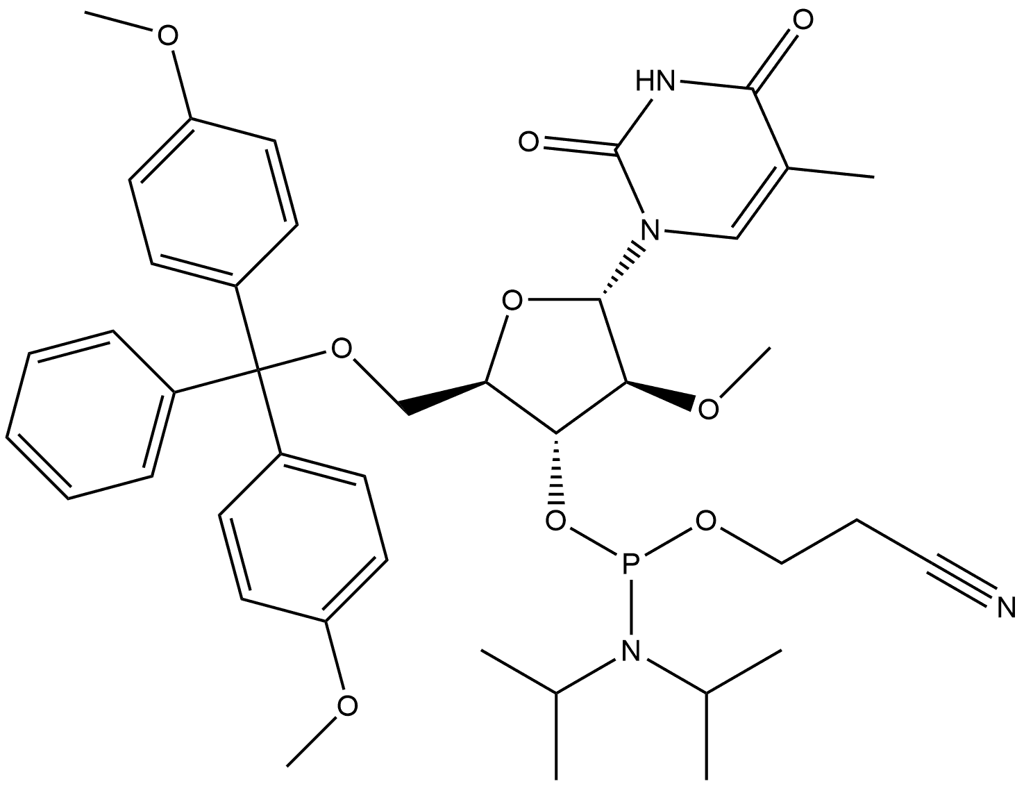 1-[5-O-[Bis(4-methoxyphenyl)phenylmethyl]-3-O-[[bis(1-methylethyl)amino](2-cyanoethoxy)phosphino]-2-O-methyl-α-D-arabinofuranosyl]-5-methyl-2,4(1H,3H)-pyrimidinedione Structure