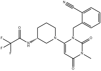 Acetamide, N-[(3R)-1-[3-[(2-cyanophenyl)methyl]-1,2,3,6-tetrahydro-1-methyl-2,6-dioxo-4-pyrimidinyl]-3-piperidinyl]-2,2,2-trifluoro- 化学構造式
