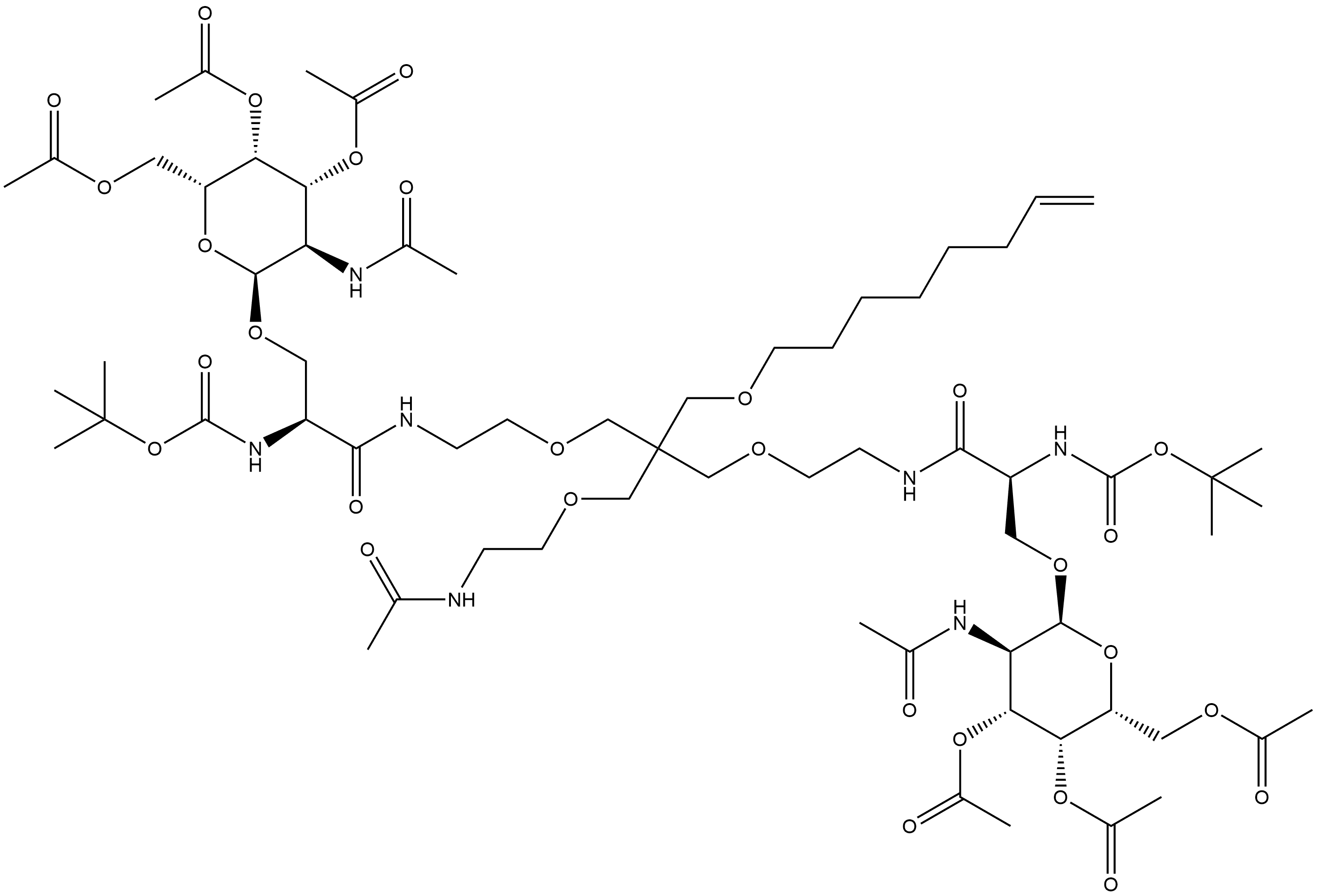S-(R*,R*)]-10-[[2-(acetylamino)ethoxy]methyl]-10-[(7-octenyloxy)methyl]-4,16-dioxo-3,17-bis[[[3,4,6-tri-O-acetyl-2-(acetylamino)-2-deoxy-α-D-galactopyranosyl]oxy]methyl]-8,12-Dioxa-2,5,15,18-tetraazanonadecanedioic acid bis(1,1-dimethylethyl) ester Structure