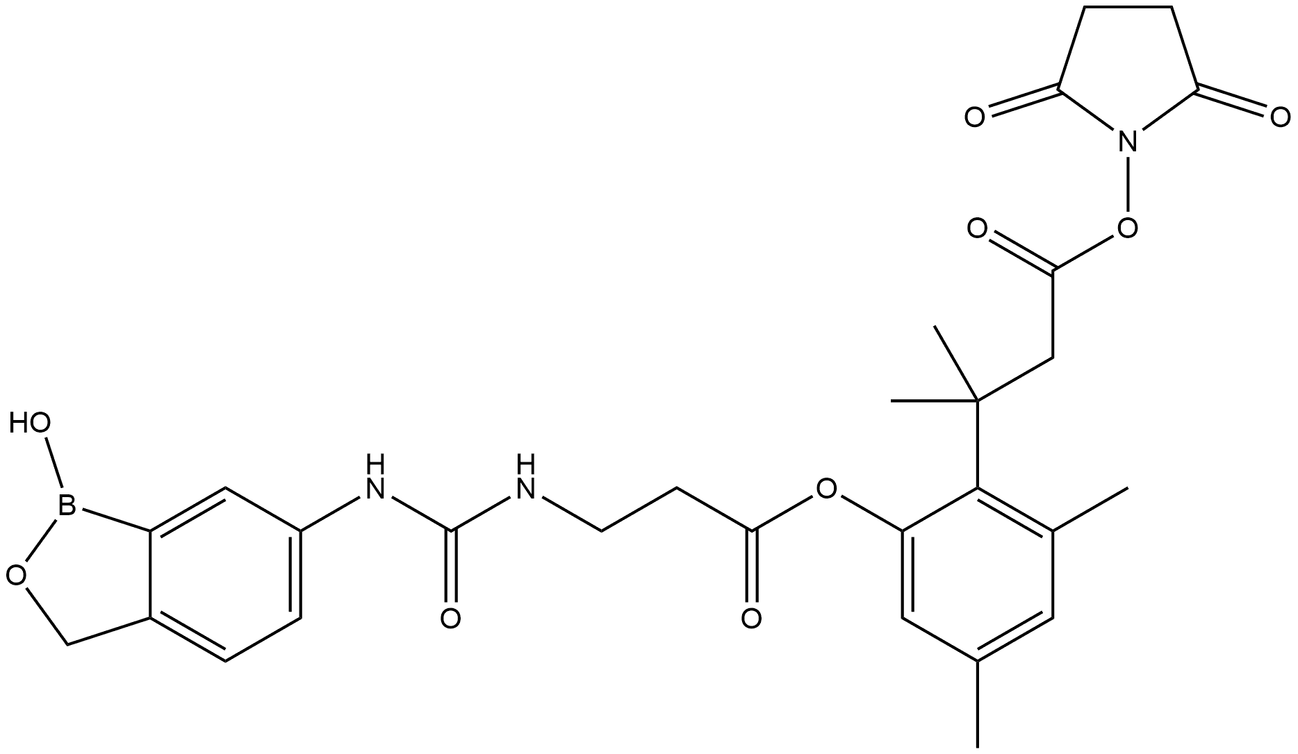 N-[[(1,3-Dihydro-1-hydroxy-2,1-benzoxaborol-6-yl)amino]carbonyl]-β-alanine 2-[3-[(2,5-dioxo-1-pyrrolidinyl)oxy]-1,1-dimethyl-3-oxopropyl]-3,5-dimethylphenyl ester,1839059-02-7,结构式