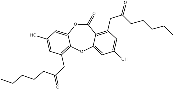 11H-Dibenzo[b,e][1,4]dioxepin-11-one, 3,8-dihydroxy-1,6-bis(2-oxoheptyl)- Structure