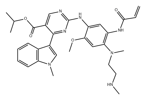 5-Pyrimidinecarboxylic acid, 2-[[2-methoxy-4-[methyl[2-(methylamino)ethyl]amino]-5-[(1-oxo-2-propen-1-yl)amino]phenyl]amino]-4-(1-methyl-1H-indol-3-yl)-, 1-methylethyl ester,1847462-25-2,结构式