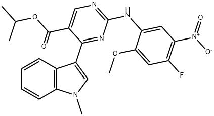 5-Pyrimidinecarboxylic acid, 2-[(4-fluoro-2-methoxy-5-nitrophenyl)amino]-4-(1-methyl-1H-indol-3-yl)-, 1-methylethyl ester Structure