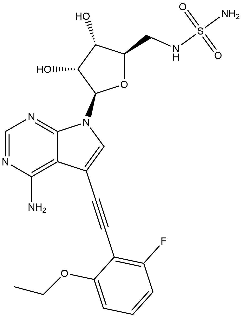 7H-Pyrrolo[2,3-d]pyrimidin-4-amine, 7-[5-[(aminosulfonyl)amino]-5-deoxy-β-D-ribofuranosyl]-5-[2-(2-ethoxy-6-fluorophenyl)ethynyl]- Structure