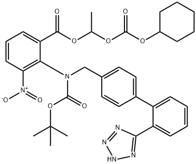 Benzoic acid, 2-[[(1,1-dimethylethoxy)carbonyl][[2'-(2H-tetrazol-5-yl)[1,1'-biphenyl]-4-yl]methyl]amino]-3-nitro-, 1-[[(cyclohexyloxy)carbonyl]oxy]ethyl ester 结构式