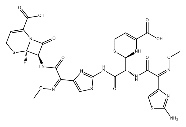 5-Thia-1-azabicyclo[4.2.0]oct-2-ene-2-carboxylic acid, 7-[[(2Z)-2-[2-[[(2R)-2-[[(2Z)-2-(2-amino-4-thiazolyl)-2-(methoxyimino)acetyl]amino]-2-[(2R)-4-carboxy-3,6-dihydro-2H-1,3-thiazin-2-yl]acetyl]amino]-4-thiazolyl]-2-(methoxyimino)acetyl]amino]-8-oxo-, ( Struktur