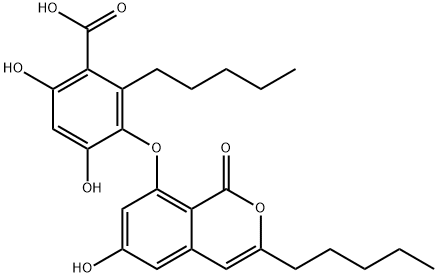 Benzoic acid, 4,6-dihydroxy-3-[(6-hydroxy-1-oxo-3-pentyl-1H-2-benzopyran-8-yl)oxy]-2-pentyl- Struktur
