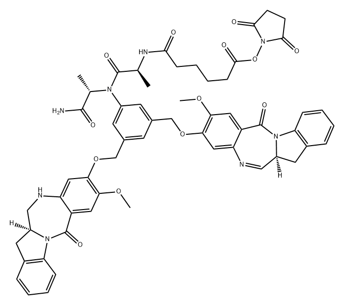 L-Alaninamide, N-[6-[(2,5-dioxo-1-pyrrolidinyl)oxy]-1,6-dioxohexyl]-L-alanyl-N-[3-[[[(12aS)-12a,13-dihydro-8-methoxy-6-oxo-6H-indolo[2,1-c][1,4]benzodiazepin-9-yl]oxy]methyl]-5-[[[(12aS)-11,12,12a,13-tetrahydro-8-methoxy-6-oxo-6H-indolo[2,1-c][1,4]benzodiazepin-9-yl]oxy]methyl]phenyl]- 化学構造式