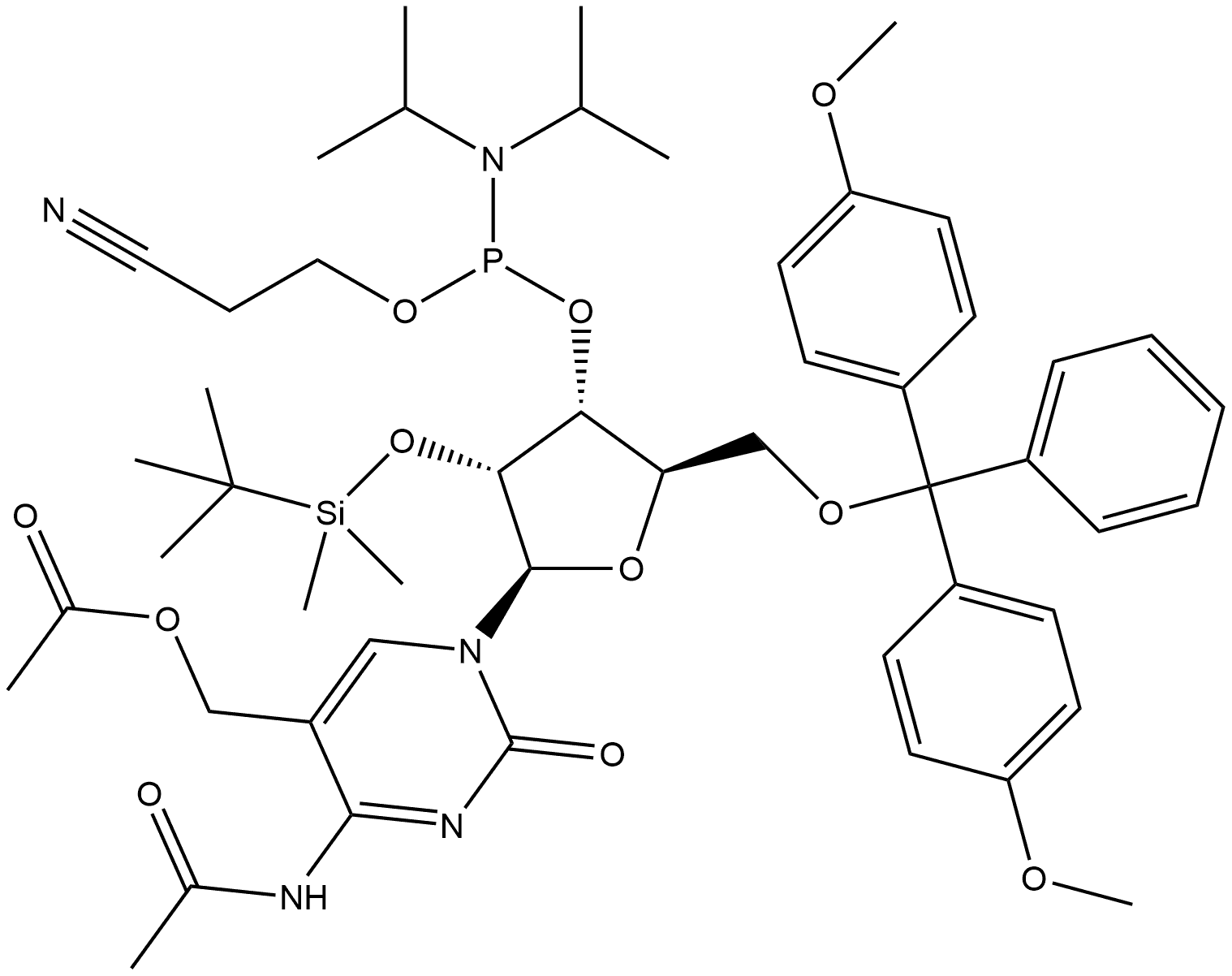 Cytidine, N-acetyl-5-[(acetyloxy)methyl]-5'-O-[bis(4-methoxyphenyl)phenylmethyl]-2'-O-[(1,1-dimethylethyl)dimethylsilyl]-, 3'-[2-cyanoethyl N,N-bis(1-methylethyl)phosphoramidite] Structure