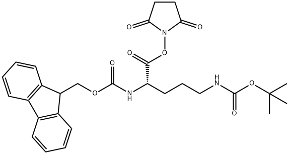 2,5-dioxopyrrolidin-1-yl (S)-2-((((9H-fluoren-9-yl)methoxy)carbonyl)amino)-5-((tert-butoxycarbonyl)amino)pentanoate Struktur