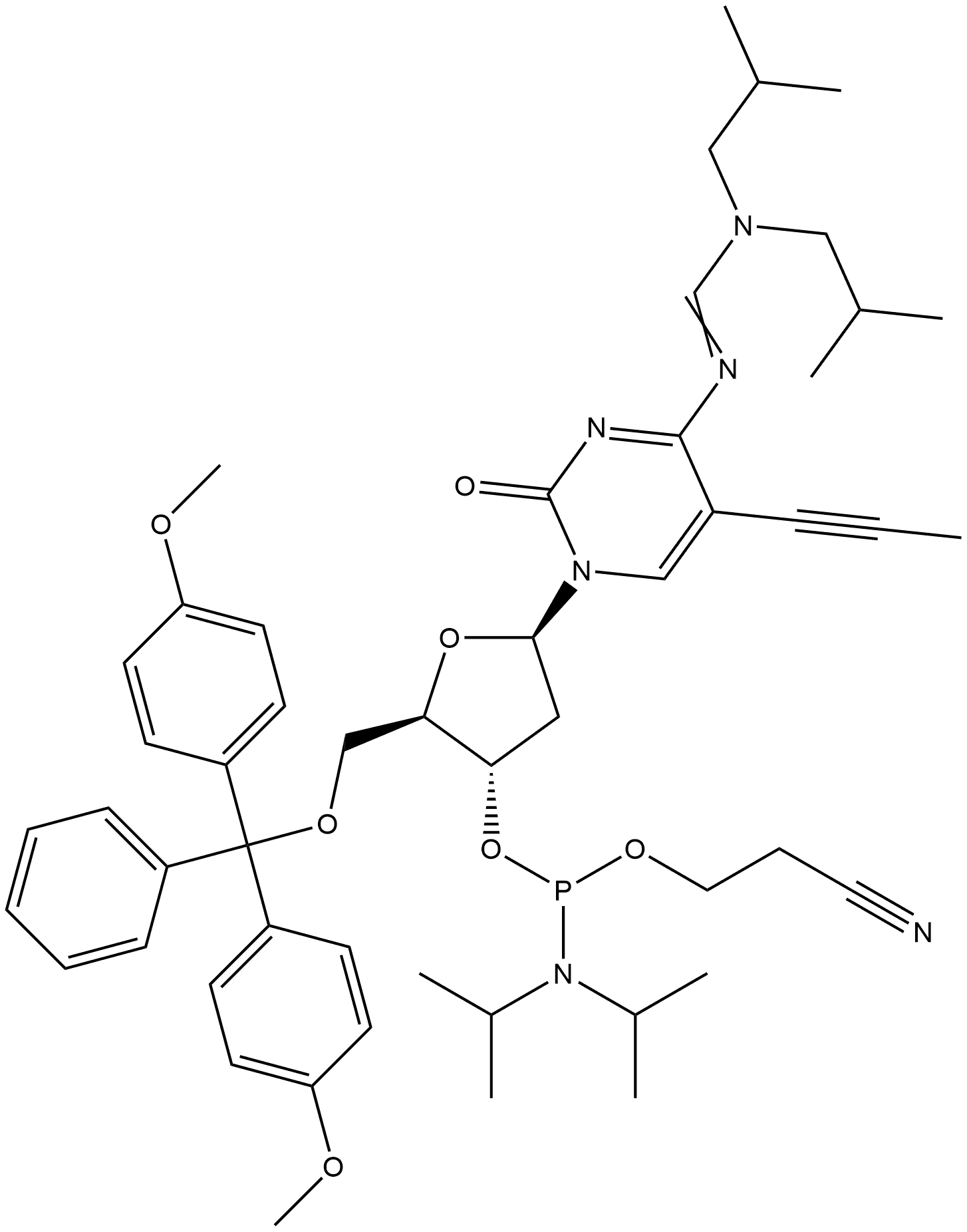Cytidine, 5'-O-[bis(4-methoxyphenyl)phenylmethyl]-N-[[bis(2-methylpropyl)amino]methylene]-2'-deoxy-5-(1-propynyl)-, 3'-[2-cyanoethyl bis(1-methylethyl)phosphoramidite] (9CI) Structure